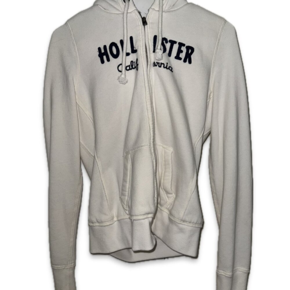 White Hollister Fleece Hoodie Jacket - Cozy & Stylish